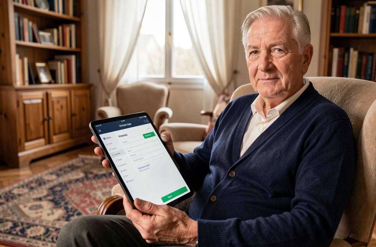 Personne âgée utilisant une tablette pour effectuer un virement bancaire en ligne depuis son salon