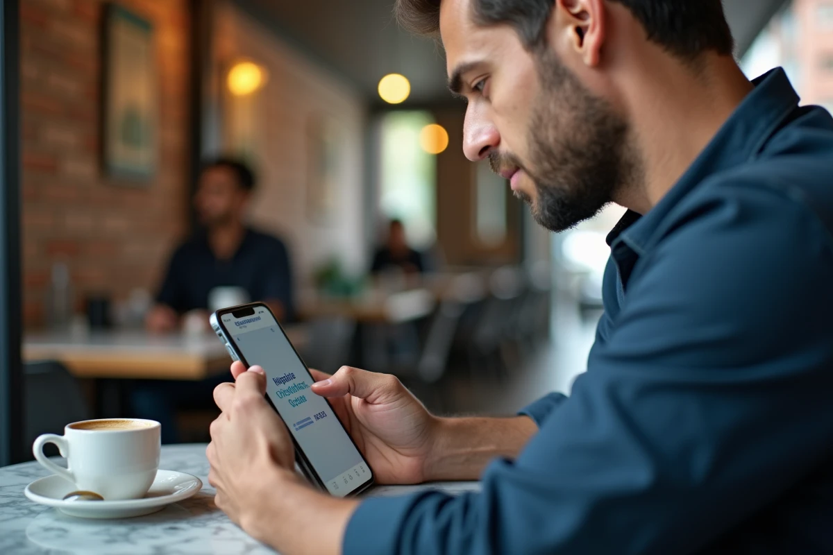Homme effectuant un virement bancaire depuis une application mobile dans un café urbain
