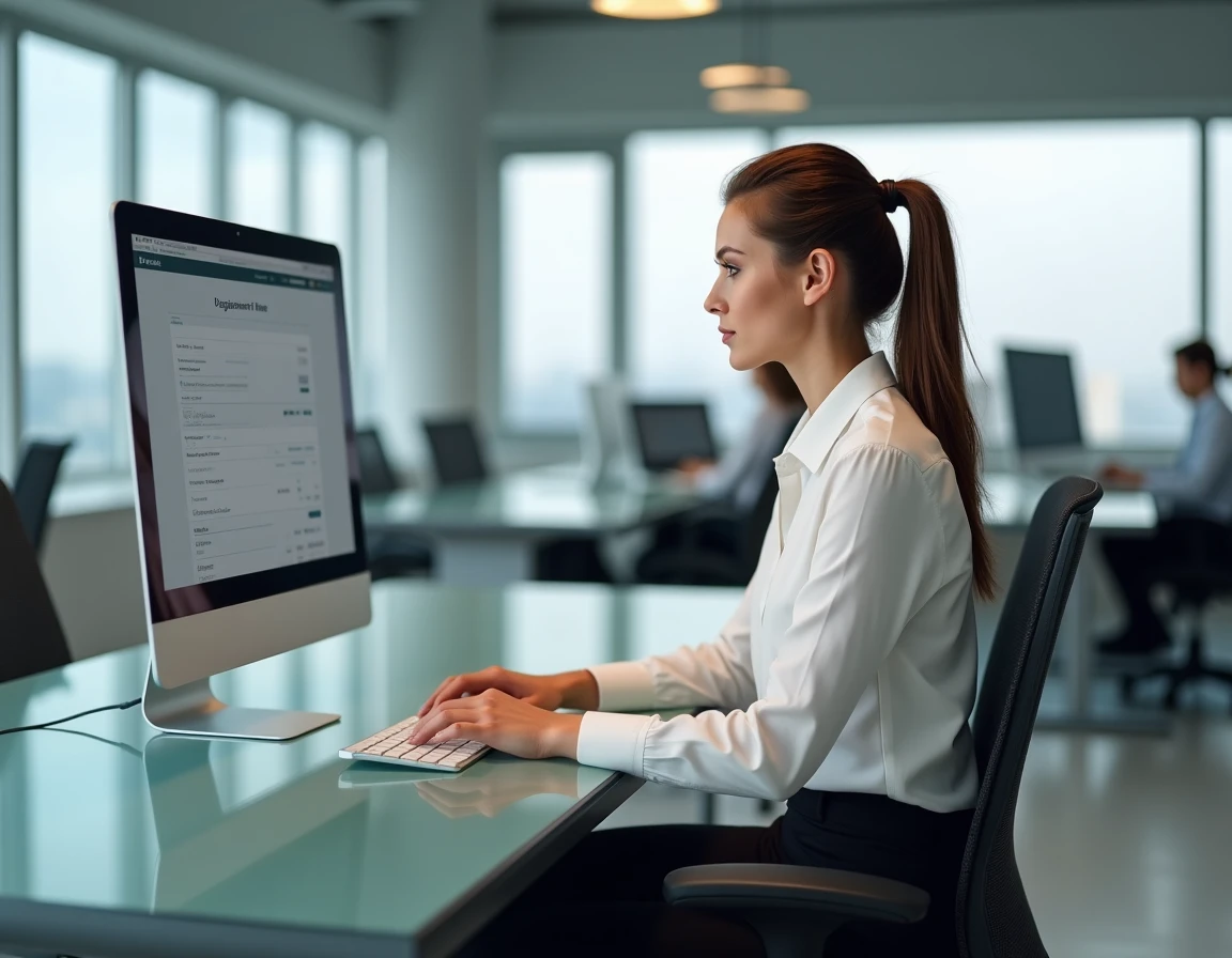 Jeune professionnelle activant le service Virtualis CMB sur un ordinateur de bureau dans un bureau moderne